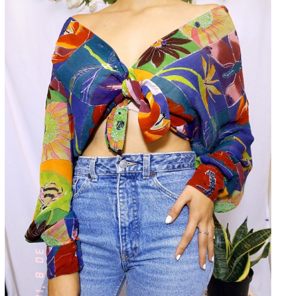 Colorful button up sheer blouse